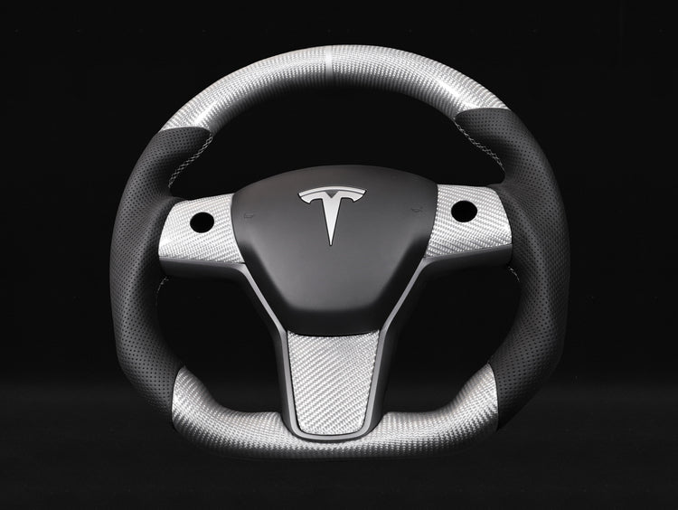 Model Y Glossy Silver Twill Carbon Fiber Rounded Steering Wheel - Axeco
