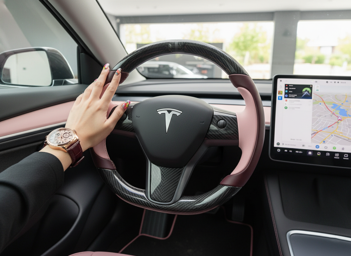 Wine red and soft pink Carbon Fiber Tesla Model Y Steering Wheel-Track Master(2020-2024) Axeco