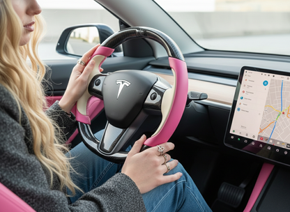 Bright pink and warm white Carbon Fiber Tesla Model Y Steering Wheel-Track Master(2020-2024) Axeco