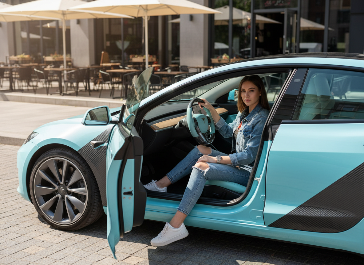 Light Blue Carbon Fiber Tesla Model 3 Steering Wheel-Track Master(2017.2023.8) Axeco