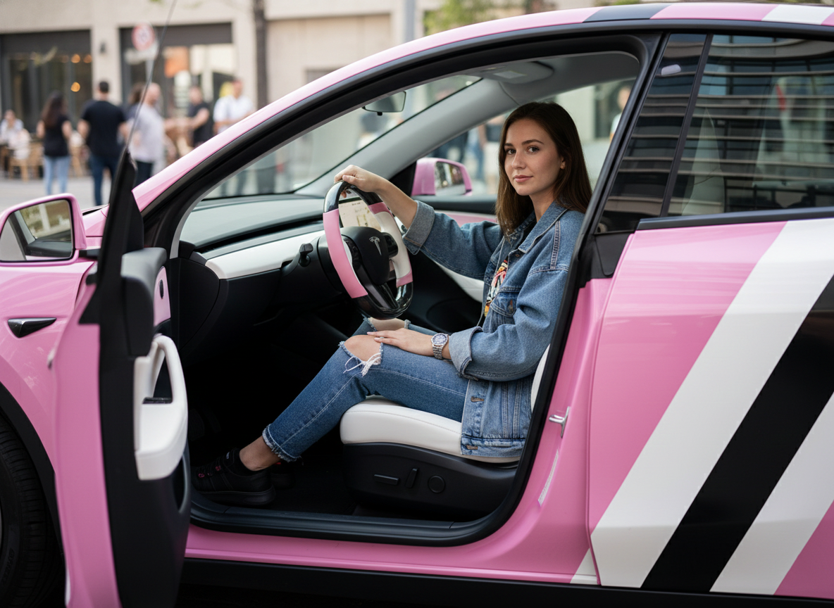 Soft pink and pure white Carbon Fiber Tesla Model Y Steering Wheel-Track Master(2020-2024) Axeco
