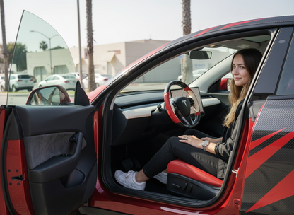 Red and off-white Carbon Fiber Tesla Model Y Steering Wheel-Track Master(2020-2024) Axeco