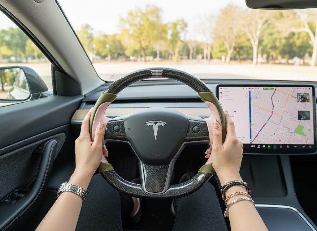 Olive green and soft pink Carbon Fiber Tesla model 3 Steering Wheel -Track Master(2023.9+) Axeco