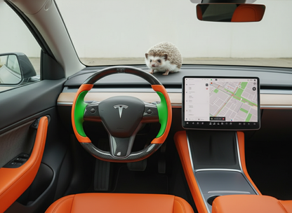 Bright orange and emerald green Carbon Fiber Tesla Model Y Steering Wheel-Track Master(2020-2024) Axeco