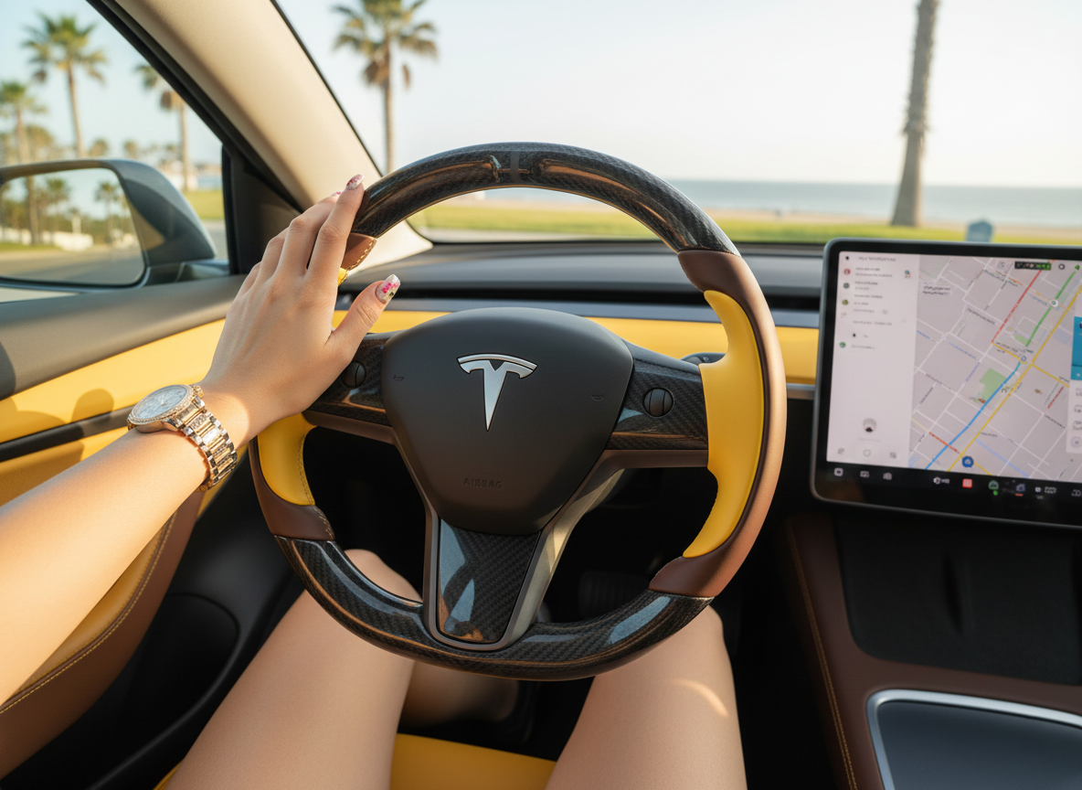 Yellow and brown Carbon Fiber Tesla Model Y Steering Wheel-Track Master(2020-2024) Axeco