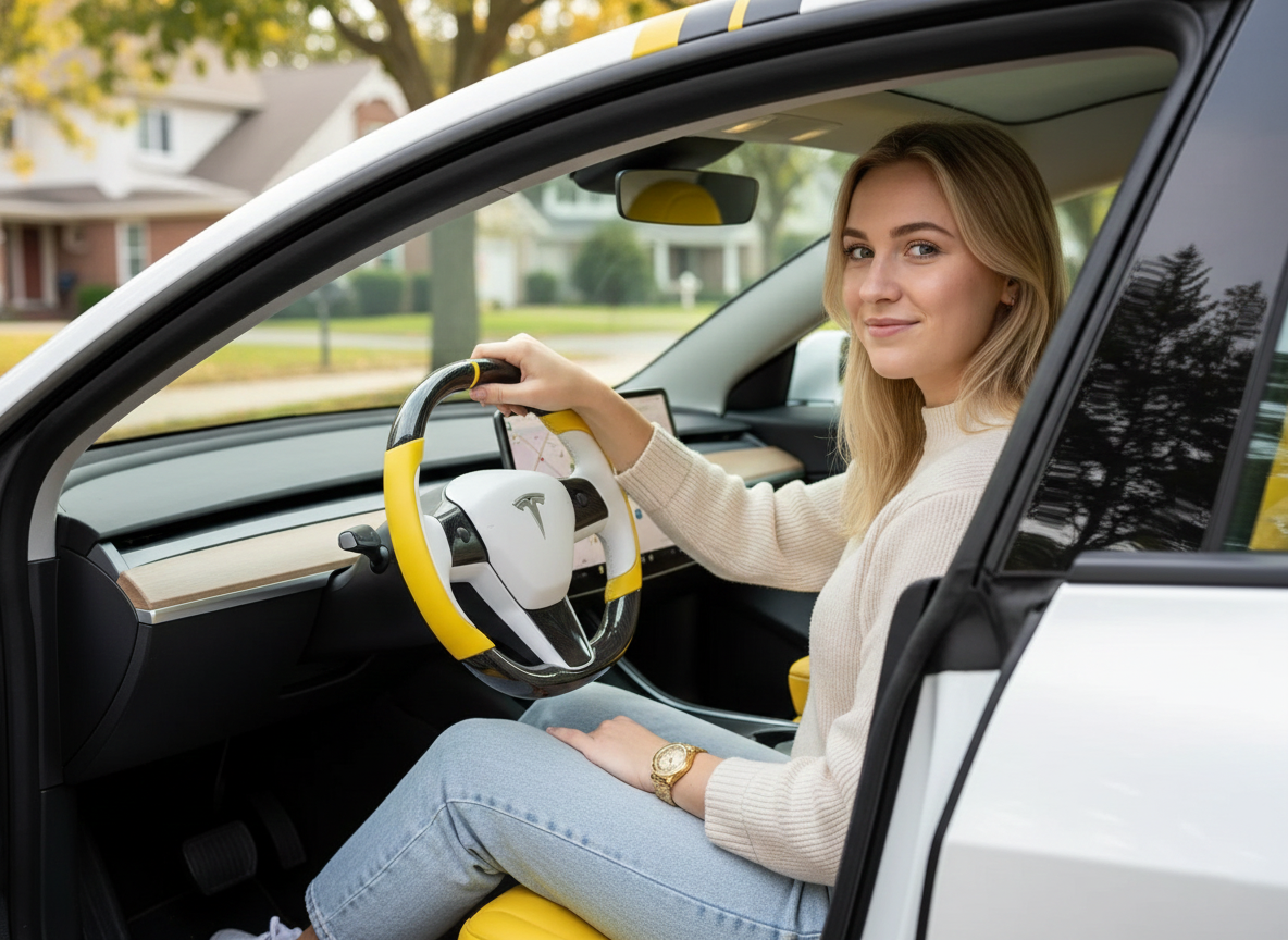 White-Yellow Tesla Model 3 Carbon Fiber Steering Wheel-Track Master(2017-2023.8) Axeco