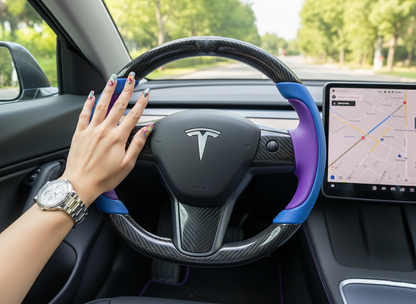 Bright blue and deep purple Carbon Fiber Tesla Model Y Steering Wheel-Track Master(2020-2024) Axeco