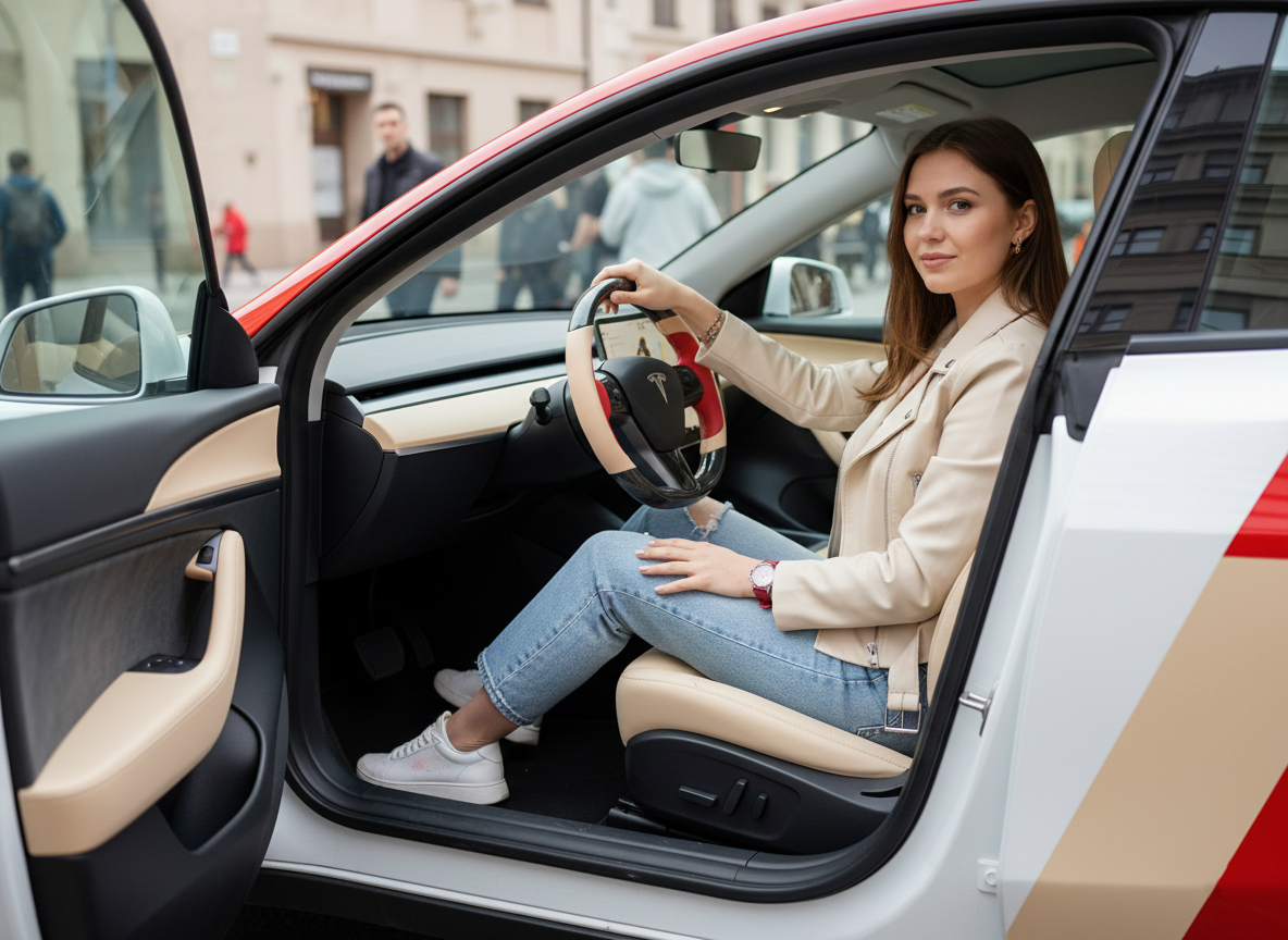 Bright red and warm brown Carbon Fiber Tesla Model Y Steering Wheel-Track Master(2020-2024) Axeco