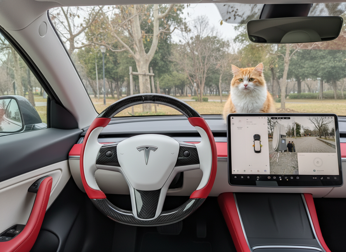 White and red Carbon Fiber Tesla Model 3 Steering Wheel-Track Master(2017-2023.8) Axeco