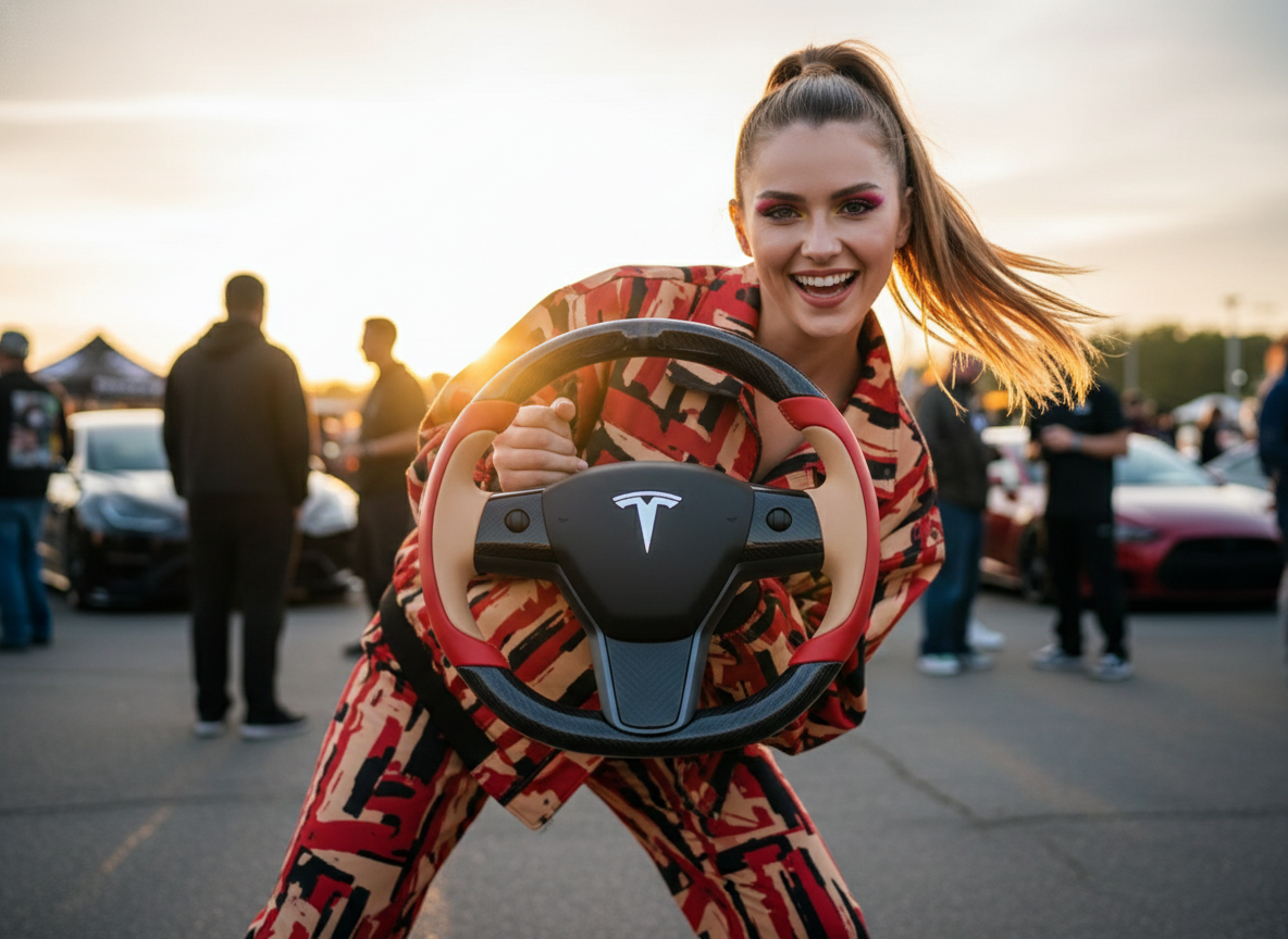 Bright red and warm brown Carbon Fiber Tesla model 3 Steering Wheel -Track Master(2023.9+) Axeco