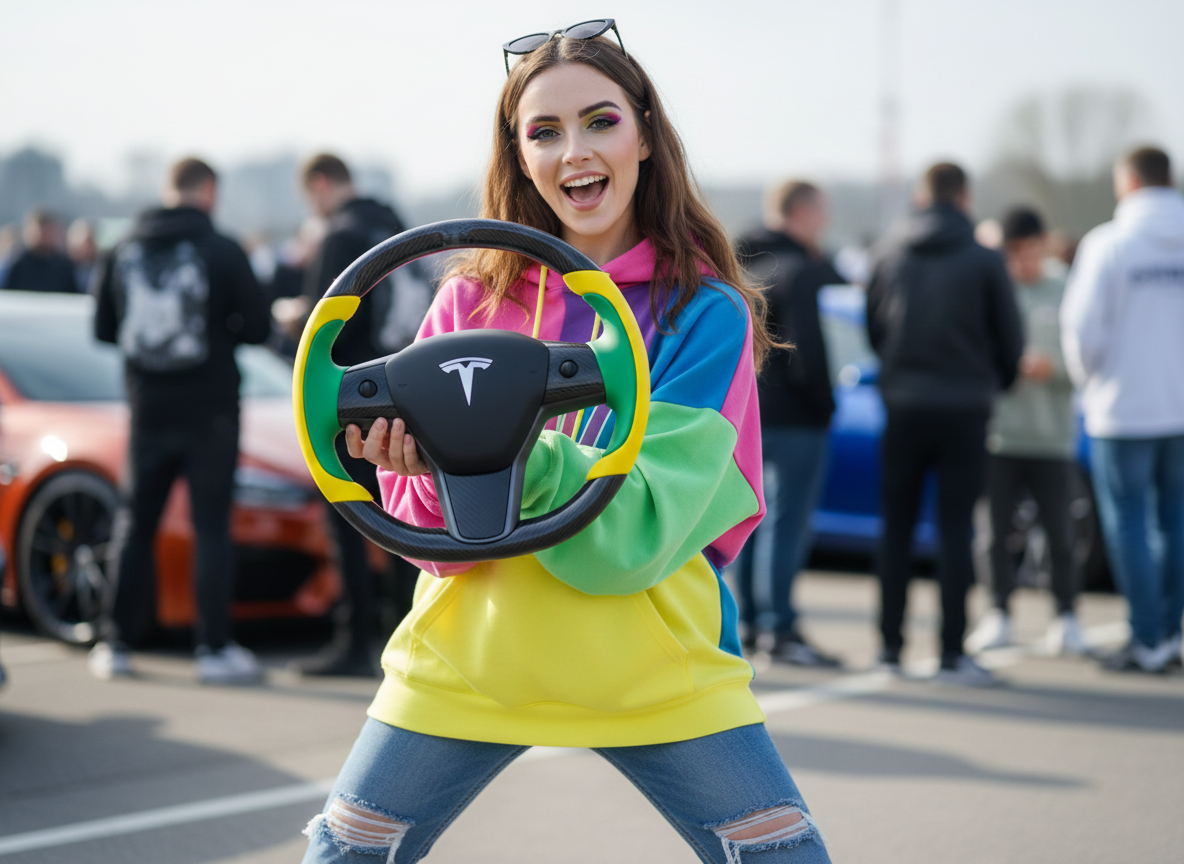 Bright yellow and emerald green Carbon Fiber Tesla Model Y Steering Wheel-Track Master(2020-2024) Axeco