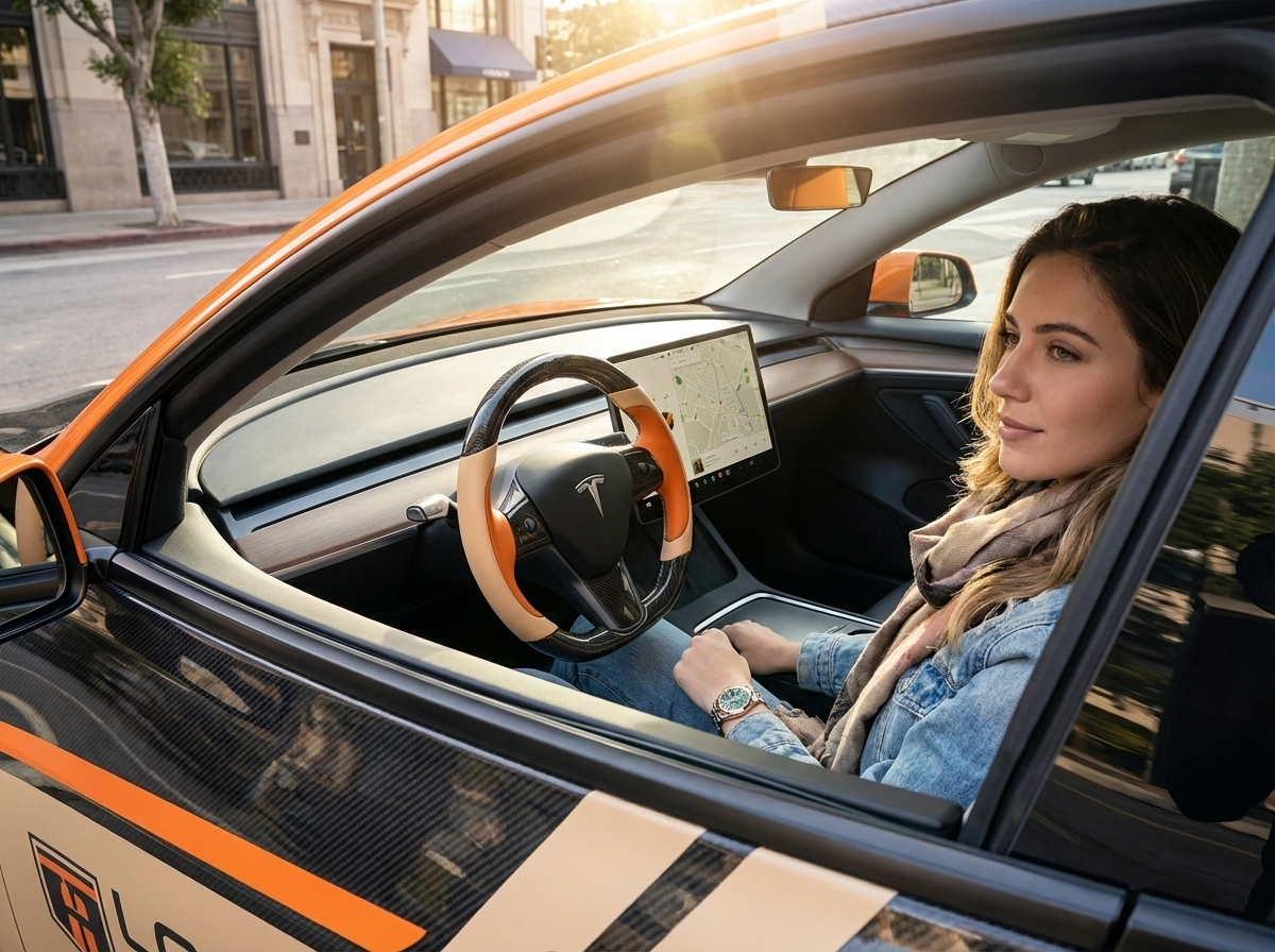 Orange-Light Beige Carbon Fiber Tesla model 3 Steering Wheel -Track Master(2023.9+) Axeco