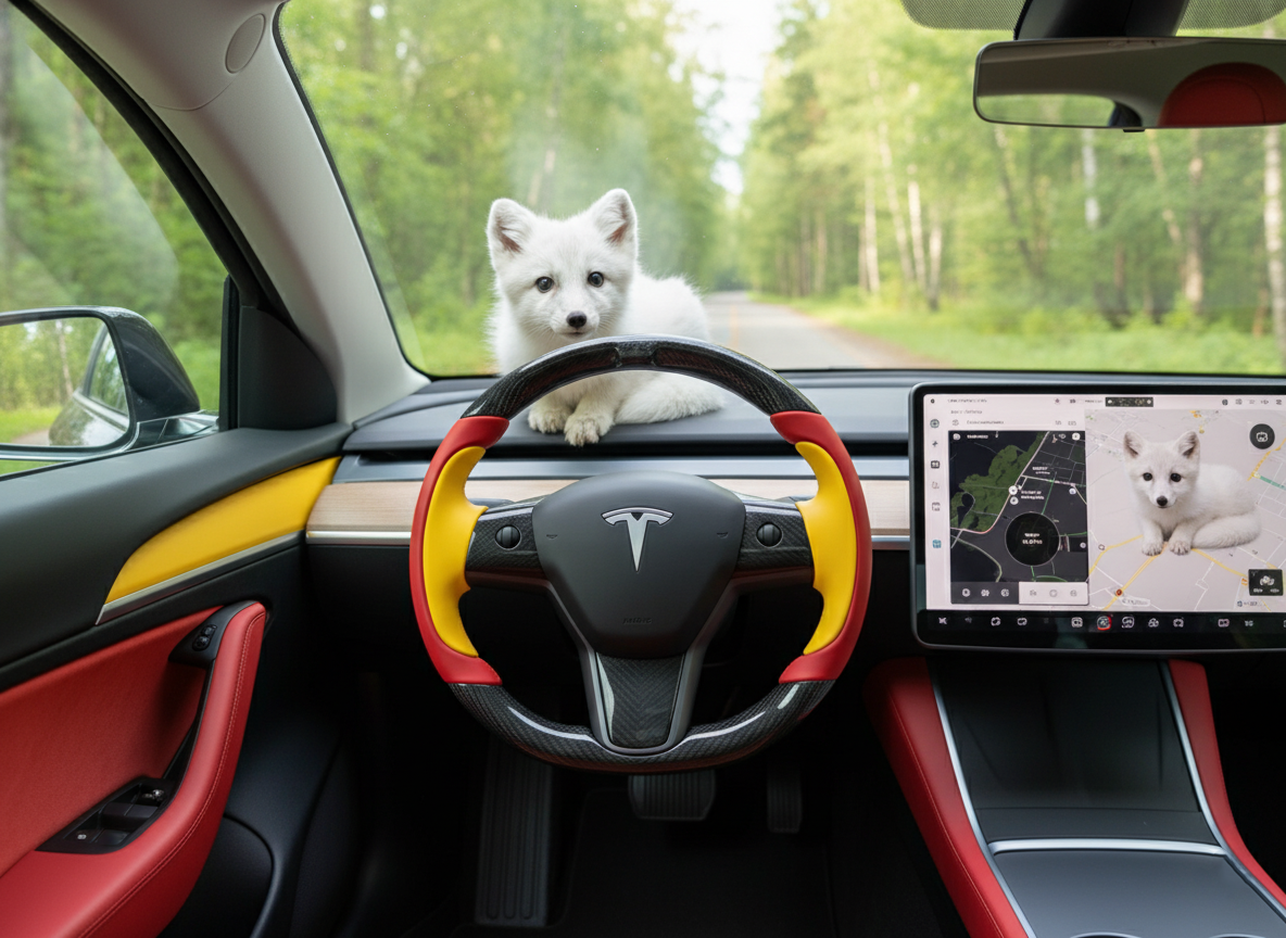 Bright red and bright yellow Carbon Fiber Tesla Model Y Steering Wheel-Track Master(2020-2024) Axeco