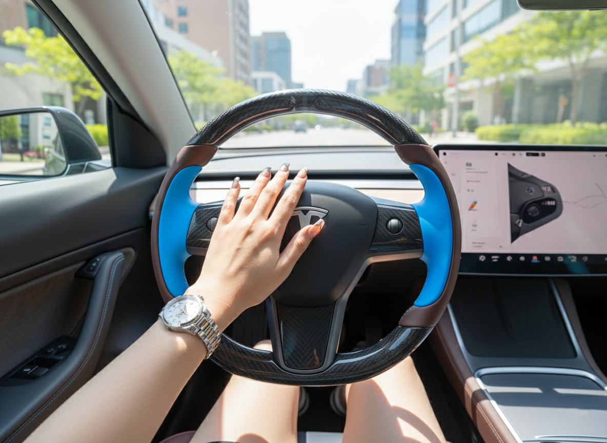 Dark brown and bright blue Carbon Fiber Tesla Model Y Steering Wheel-Track Master(2020-2024) Axeco