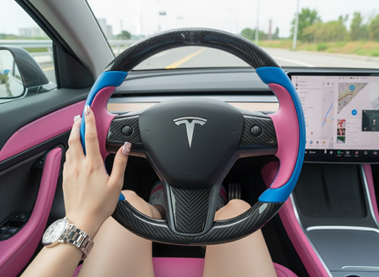 Bright blue and pink Carbon Fiber Tesla Model Y Steering Wheel-Track Master(2020-2024) Axeco