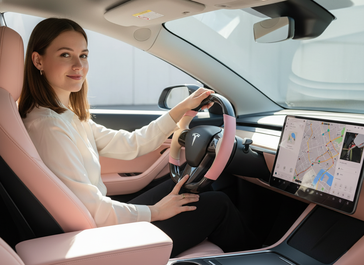 Soft pink and warm brown Carbon Fiber Tesla model 3 Steering Wheel -Track Master(2023.9+) Axeco