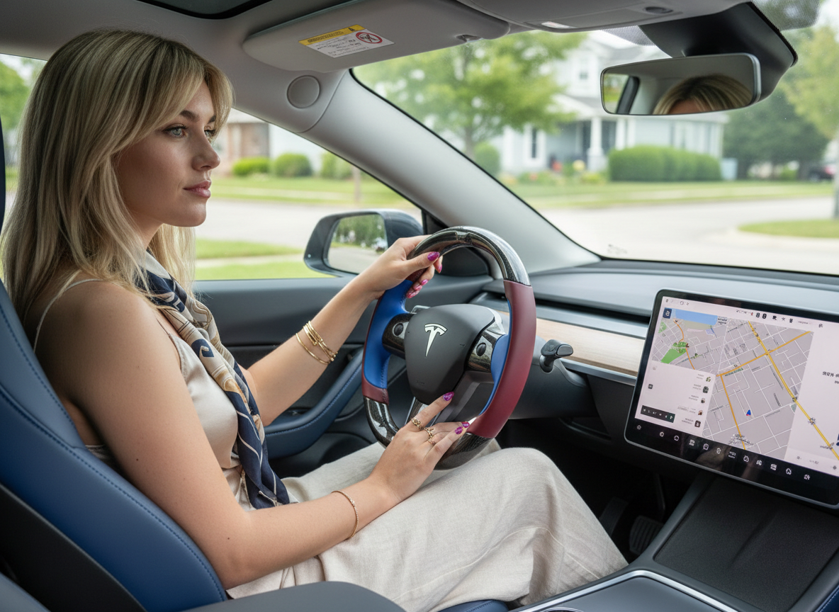 Wine red and blue Carbon Fiber Tesla Model Y Steering Wheel-Track Master(2020-2024) Axeco