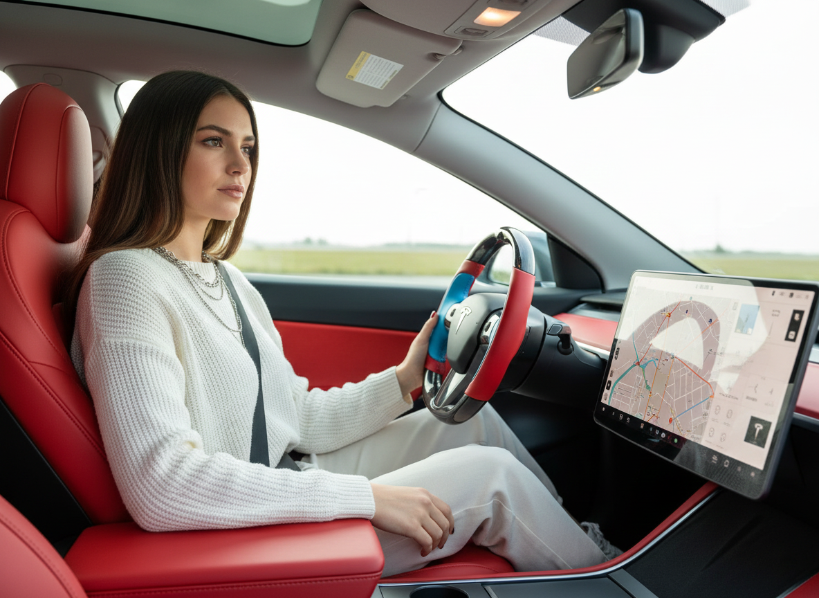 Red and bright blue Carbon Fiber Tesla Model Y Steering Wheel-Track Master(2020-2024) Axeco