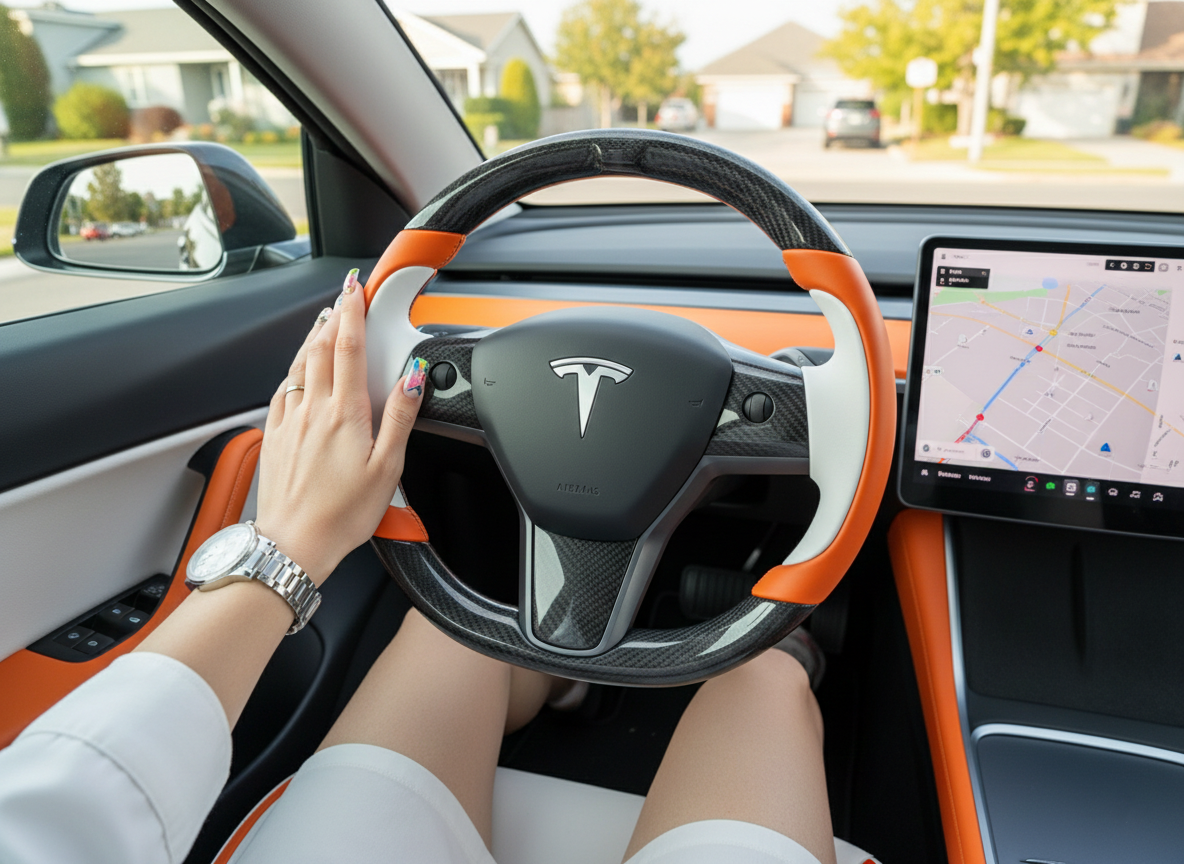 Orange and white Carbon Fiber Tesla Model Y Steering Wheel-Track Master(2020-2024) Axeco