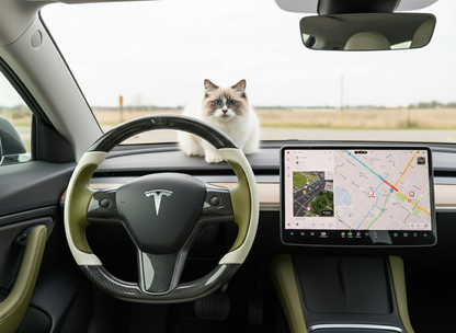 White and olive green Carbon Fiber Tesla model 3 Steering Wheel -Track Master(2023.9+) Axeco