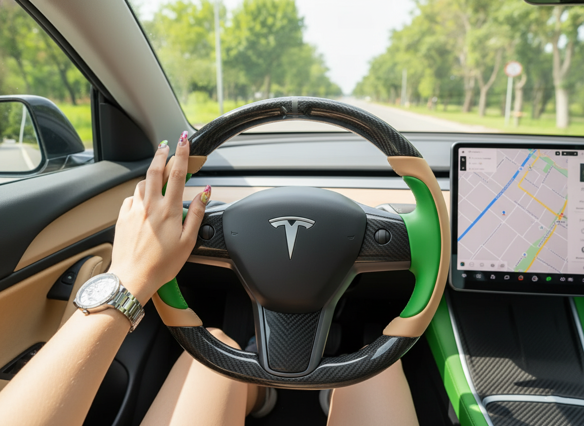 Warm brown and emerald green Carbon Fiber Tesla Model Y Steering Wheel-Track Master(2020-2024) Axeco