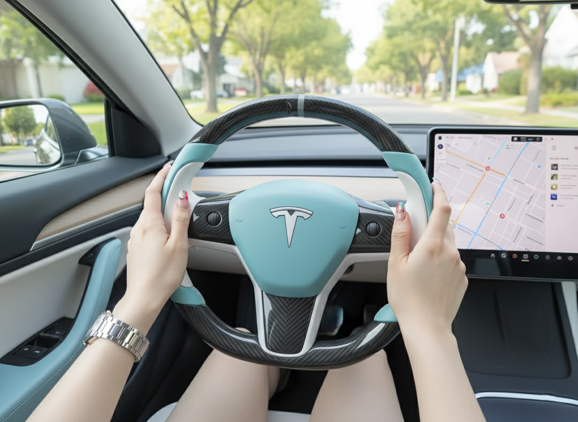 White-Light blue Tesla Model 3 Carbon Fiber Steering Wheel-Track Master(2017-2023.8) Axeco