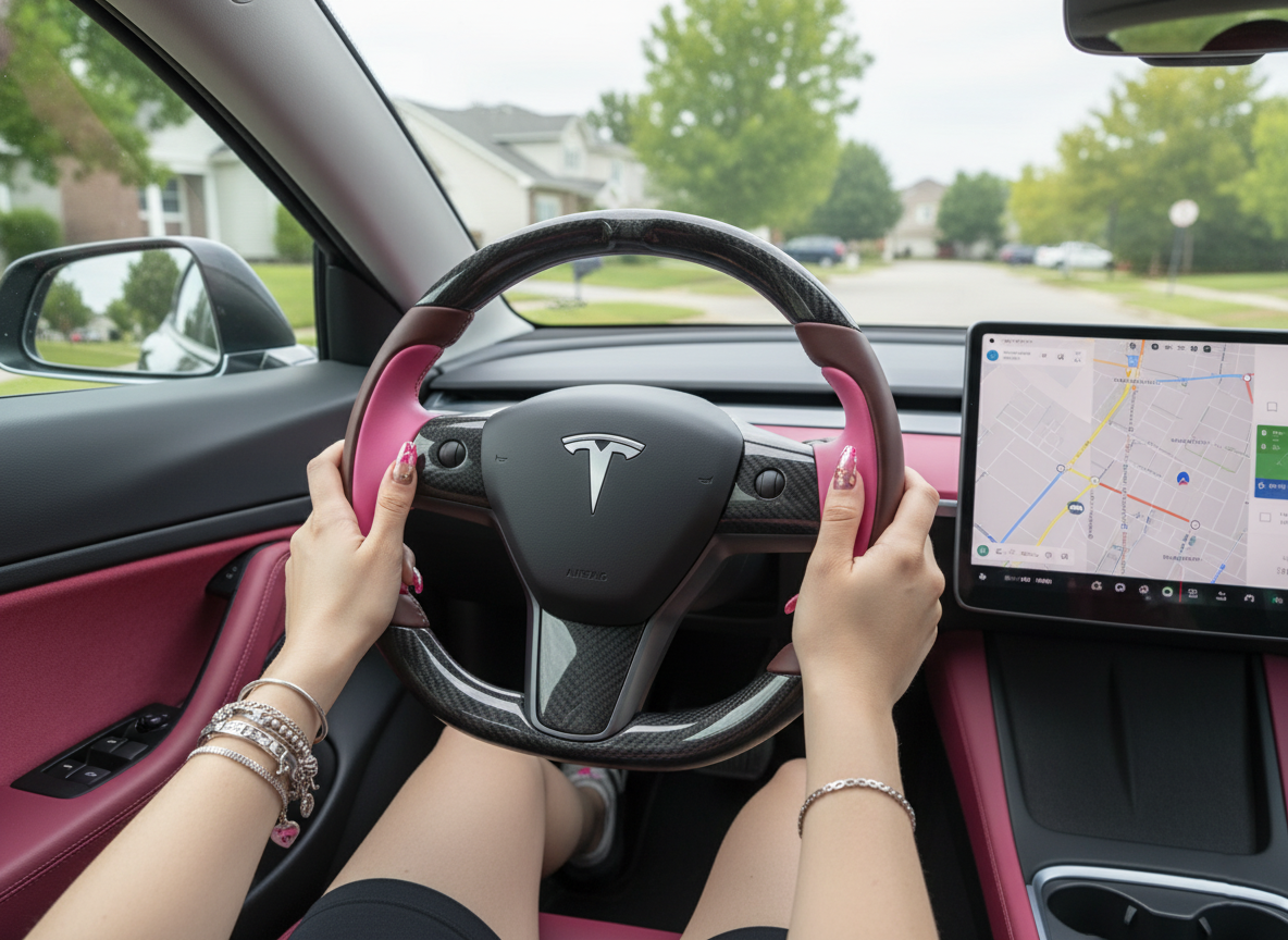 Dark Brown-Pink Carbon Fiber Tesla model 3 Steering Wheel -Track Master(2023.9+) Axeco