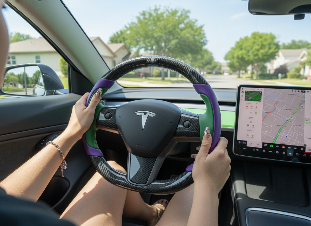 Deep purple and emerald green Carbon Fiber Tesla model 3 Steering Wheel -Track Master(2023.9+) Axeco