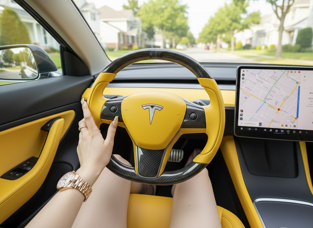 Yellow and black carbon fiber Tesla Model 3 steering wheel - Track Master (2017-2023.8) Axeco