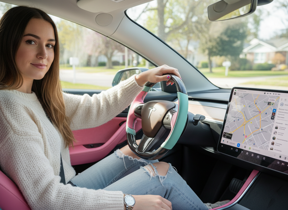 Pink-Light Green Carbon Fiber Tesla model 3 Steering Wheel -Track Master(2023.9+) Axeco