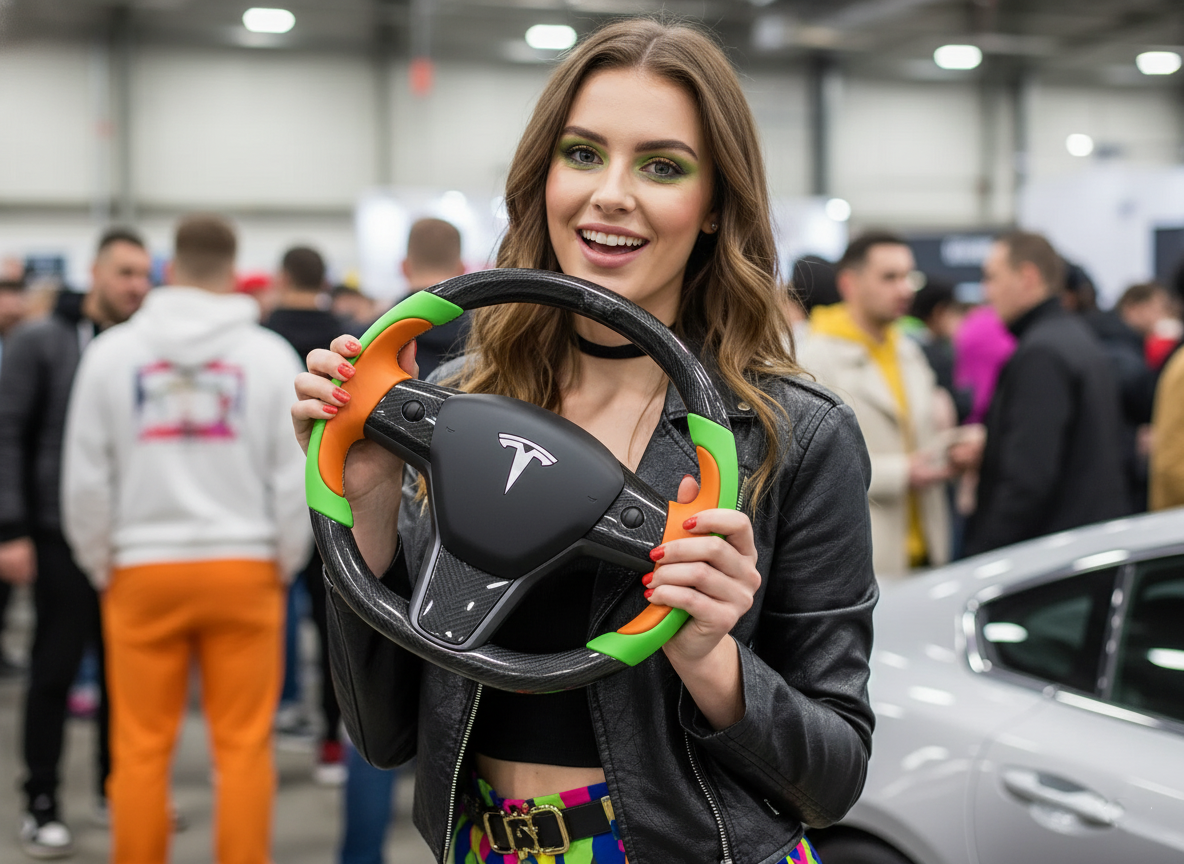 Emerald green and bright orange Carbon Fiber Tesla Model Y Steering Wheel-Track Master(2020-2024) Axeco