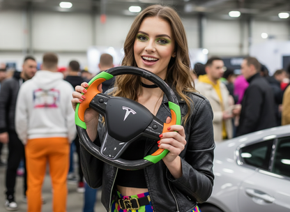 Emerald green and bright orange Carbon Fiber Tesla Model Y Steering Wheel-Track Master(2020-2024) Axeco