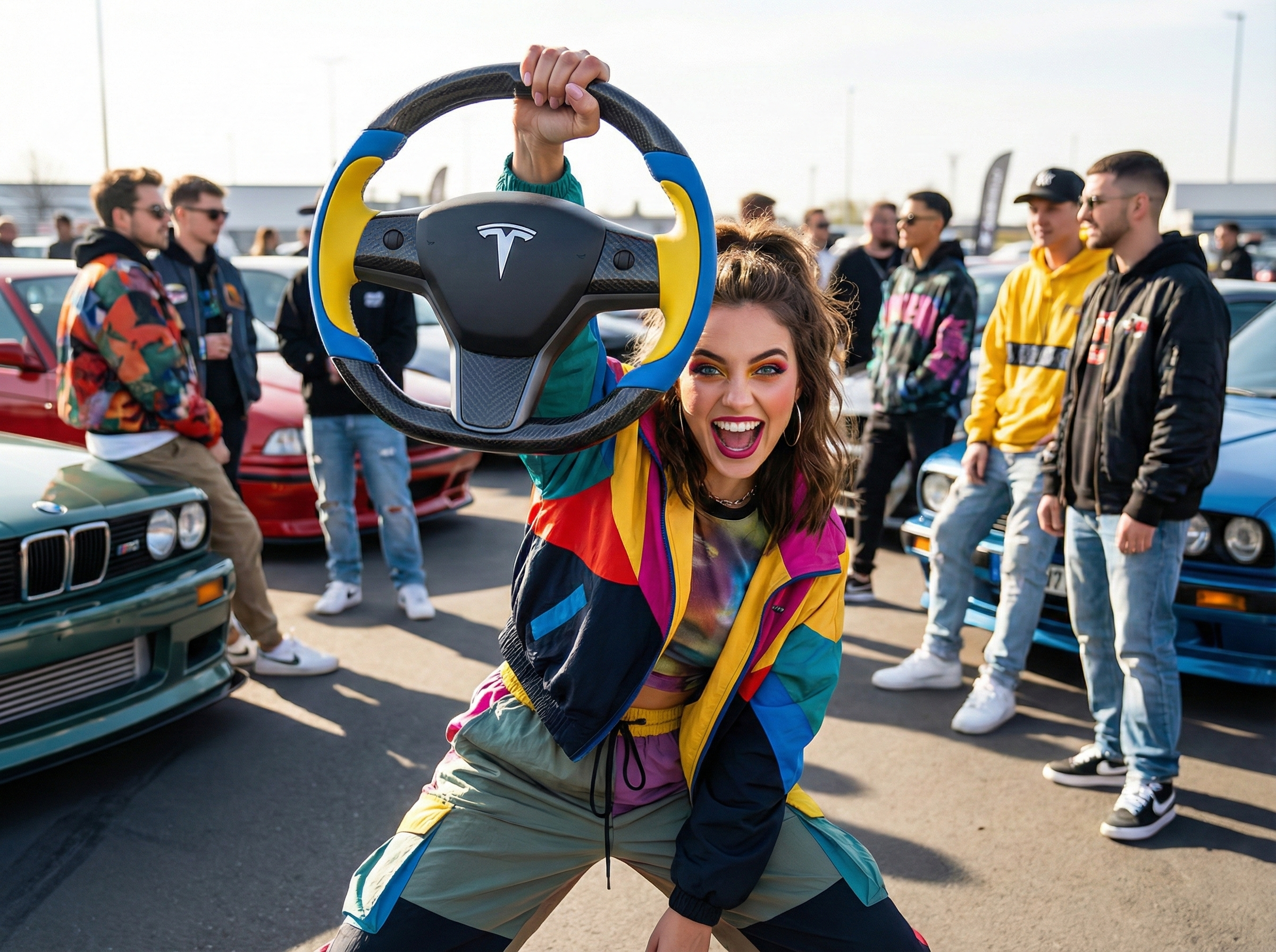 Bright blue and bright yellow Carbon Fiber Tesla Model Y Steering Wheel-Track Master(2020-2024) Axeco
