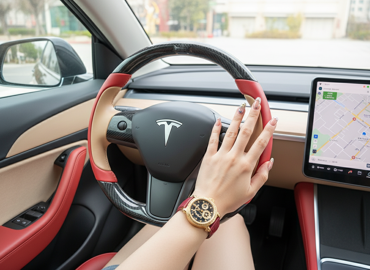 Bright red and warm brown Carbon Fiber Tesla Model Y Steering Wheel-Track Master(2020-2024) Axeco