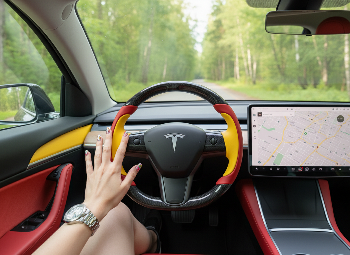 Bright red and bright yellow Carbon Fiber Tesla Model Y Steering Wheel-Track Master(2020-2024) Axeco