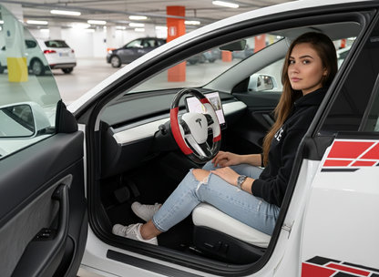 White and red Carbon Fiber Tesla Model 3 Steering Wheel-Track Master(2017-2023.8) Axeco