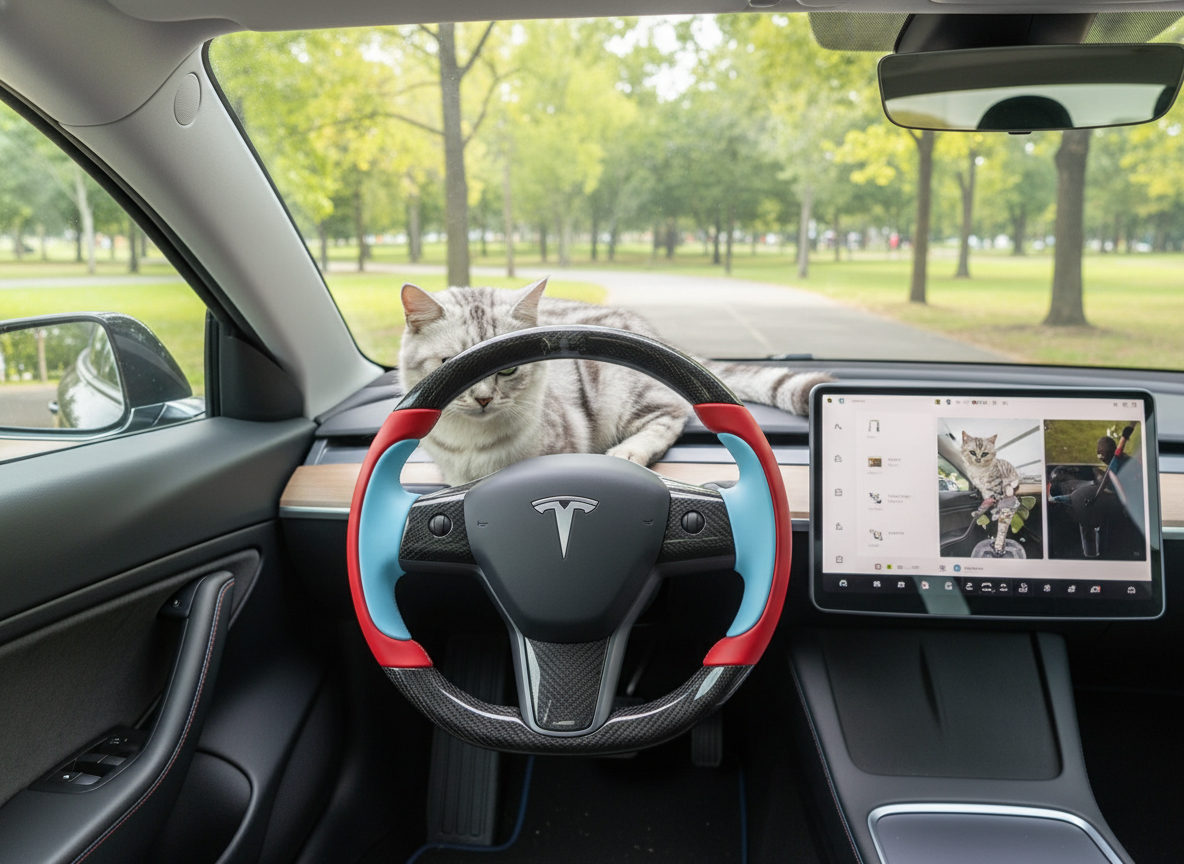 Bright red and light blue Carbon Fiber Tesla model 3 Steering Wheel -Track Master(2023.9+) Axeco