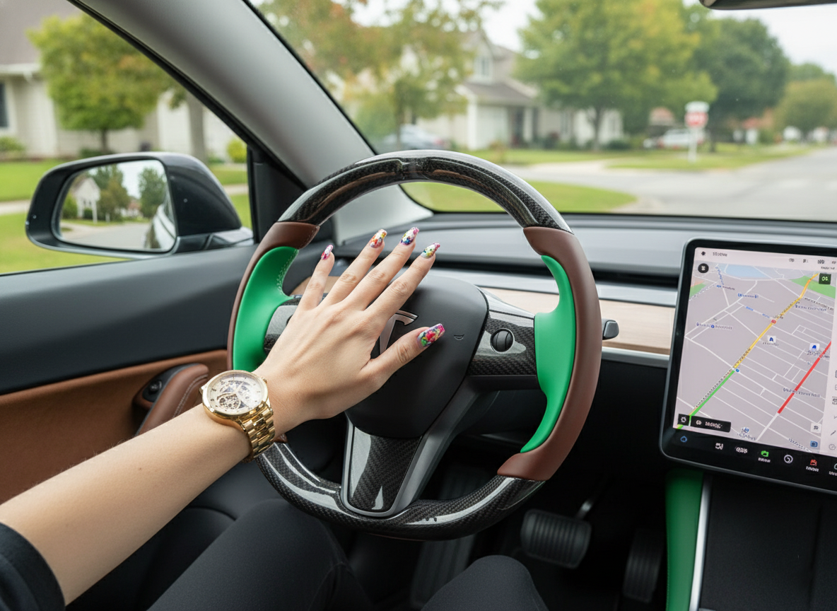 Brownish and emerald green Carbon Fiber Tesla Model Y Steering Wheel-Track Master(2020-2024) Axeco