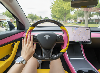 Yellow and pink Carbon Fiber Tesla Model Y Steering Wheel-Track Master(2020-2024) Axeco