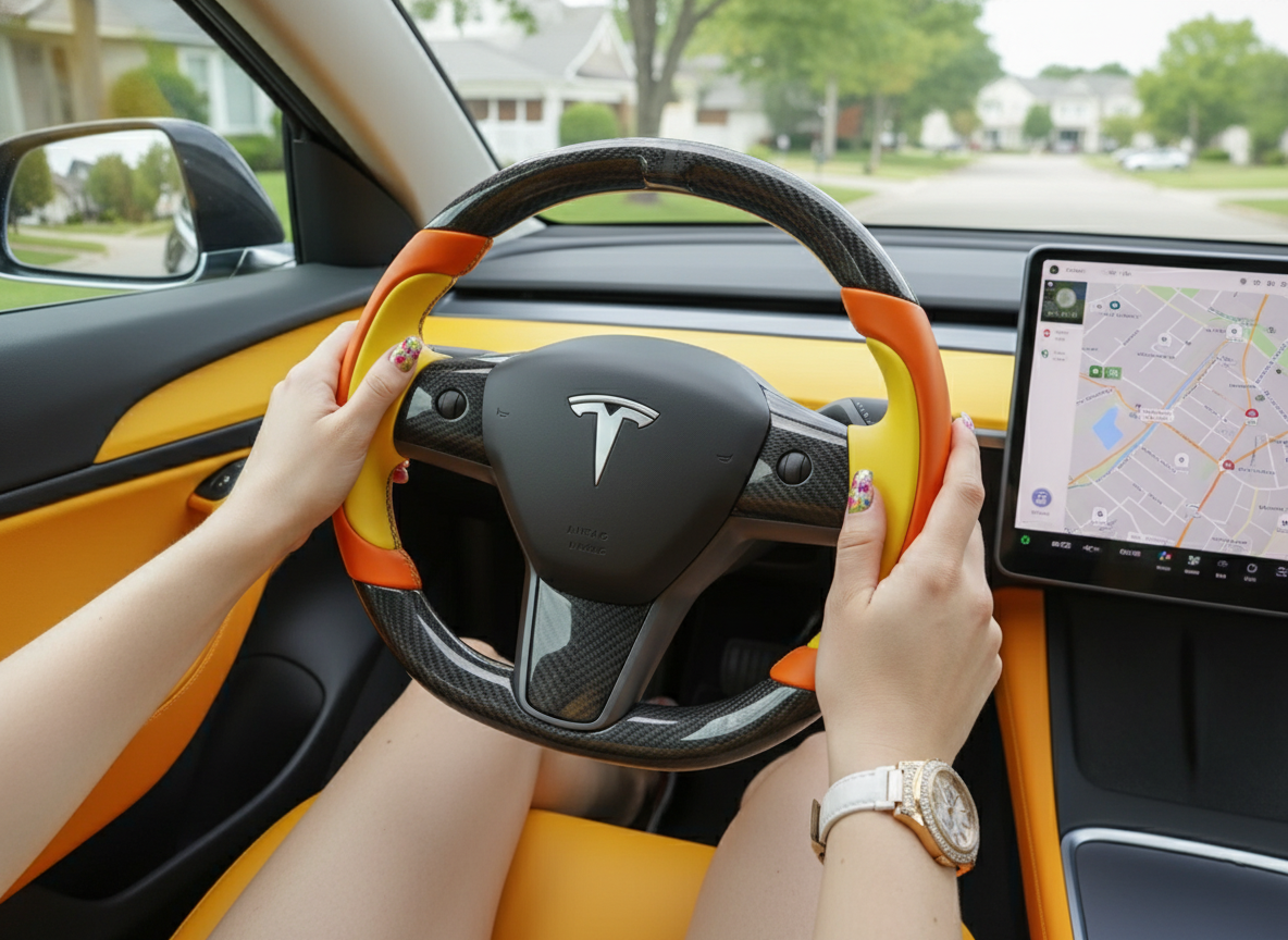 Bright orange and bright yellow Carbon Fiber Tesla Model Y Steering Wheel-Track Master(2020-2024) Axeco