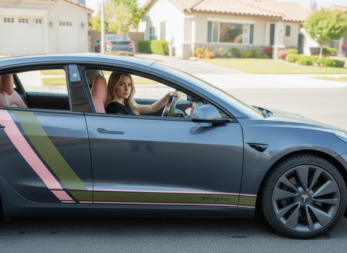 Olive green and soft pink Carbon Fiber Tesla model 3 Steering Wheel -Track Master(2023.9+) Axeco