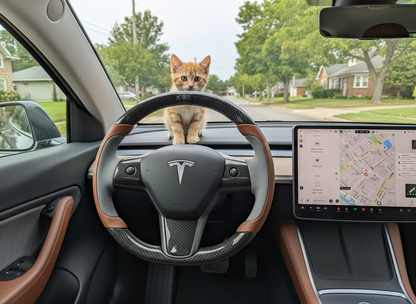 Brown and grey Carbon Fiber Tesla Model Y Steering Wheel-Track Master(2020-2024) Axeco