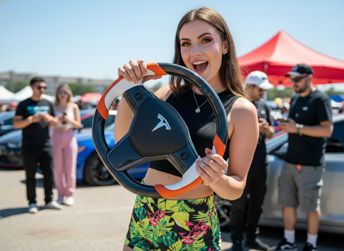 Orange and white Carbon Fiber Tesla Model Y Steering Wheel-Track Master(2020-2024) Axeco