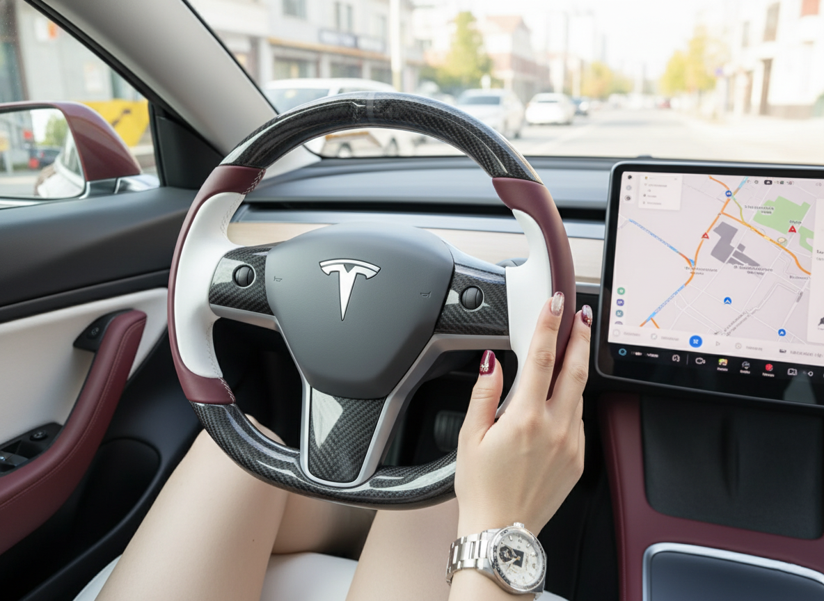 Burgundy-White Tesla Model 3 Carbon Fiber Steering Wheel-Track Master(2017-2023.8) Axeco