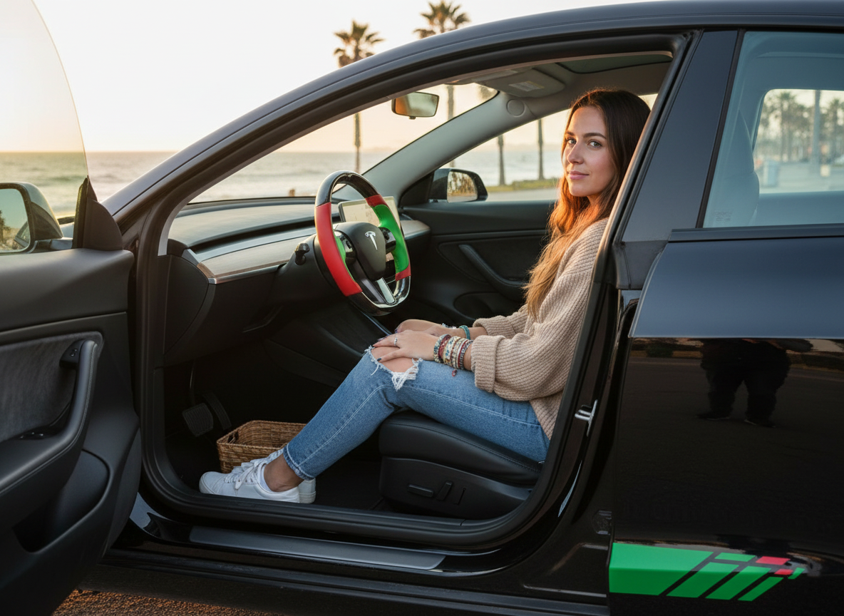 Bright red and emerald green Carbon Fiber Tesla model 3 Steering Wheel -Track Master(2023.9+) Axeco