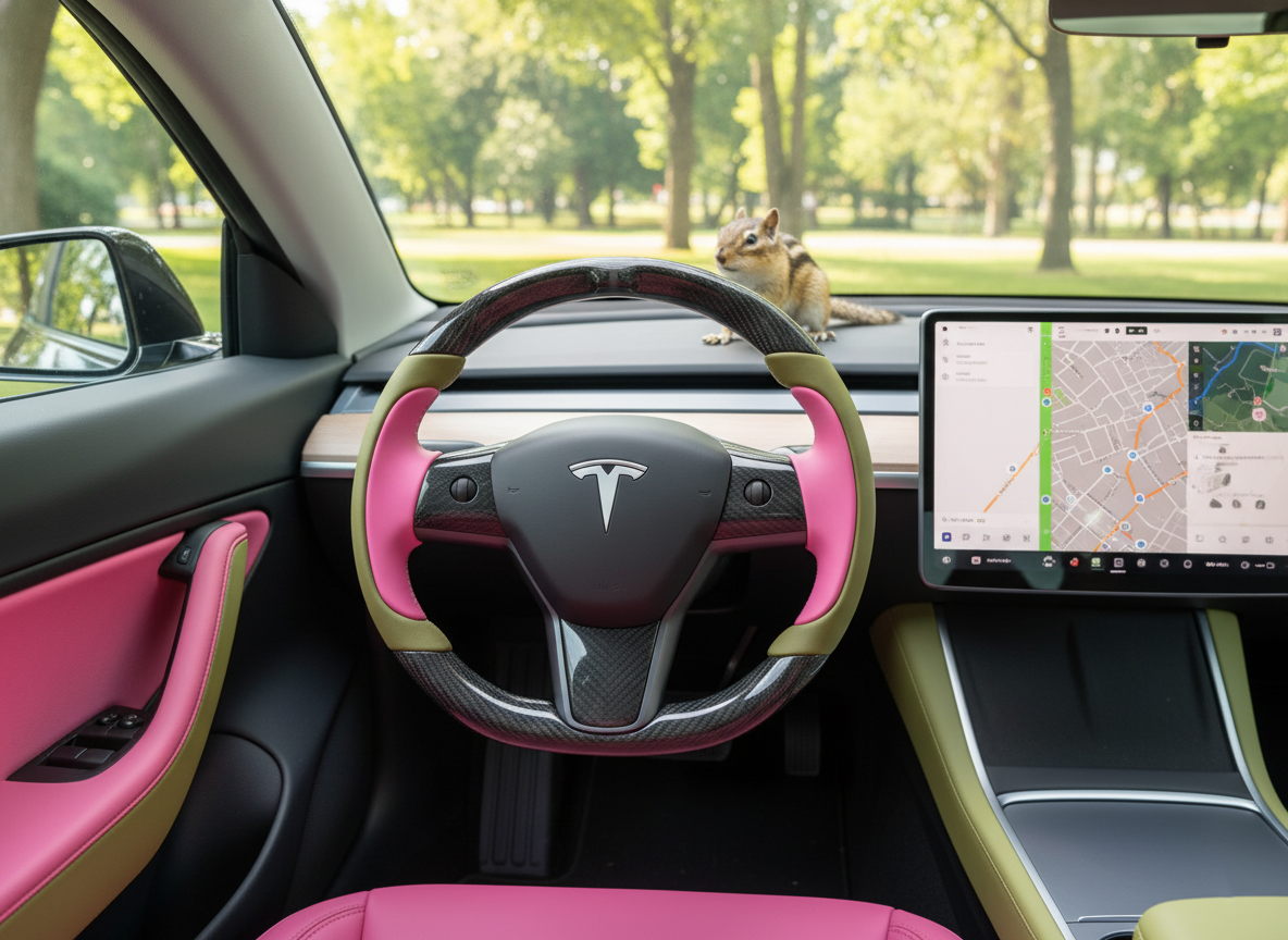 Pink and olive green Carbon Fiber Tesla Model Y Steering Wheel-Track Master(2020-2024) Axeco
