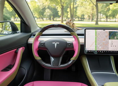 Pink and olive green Carbon Fiber Tesla Model Y Steering Wheel-Track Master(2020-2024) Axeco