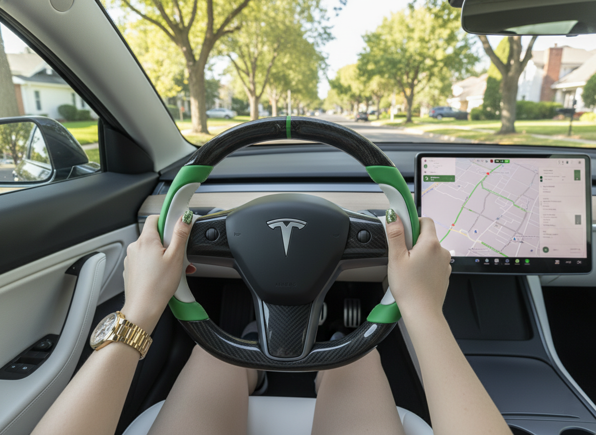 White-Green Tesla Model 3 Carbon Fiber Steering Wheel-Track Master(2017-2023.8) Axeco