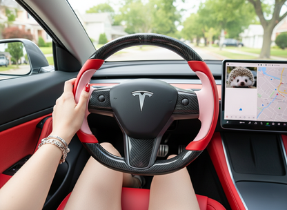 Bright red and soft pink Carbon Fiber Tesla model 3 Steering Wheel -Track Master(2023.9+) Axeco