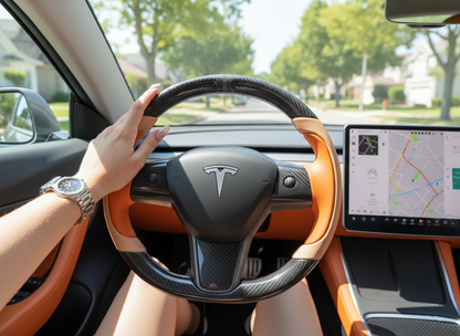 Orange-Light Beige Carbon Fiber Tesla model 3 Steering Wheel -Track Master(2023.9+) Axeco